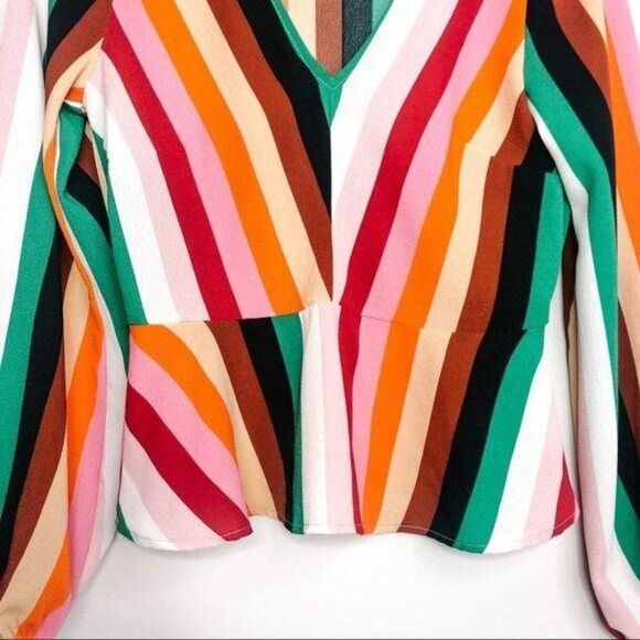 2/$30 Molly Green Bright Rainbow Stripe Balloon Sleeve Retro Top Blouse Small - Picture 6 of 9
